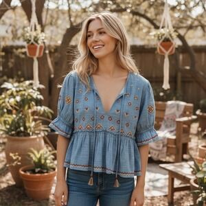Free People Blue Embroidered Peasant Top